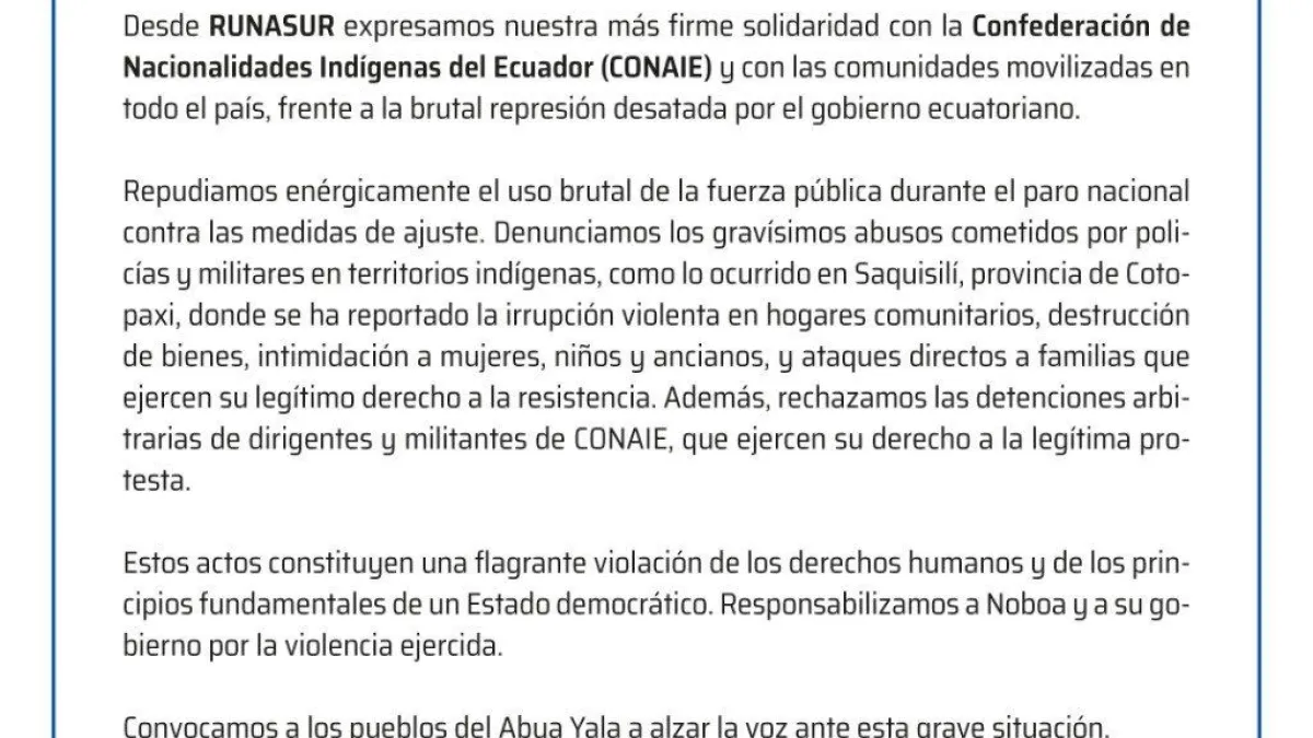 RUNASUR expresa solidaridad con la CONAIE y condena la represión en Ecuador